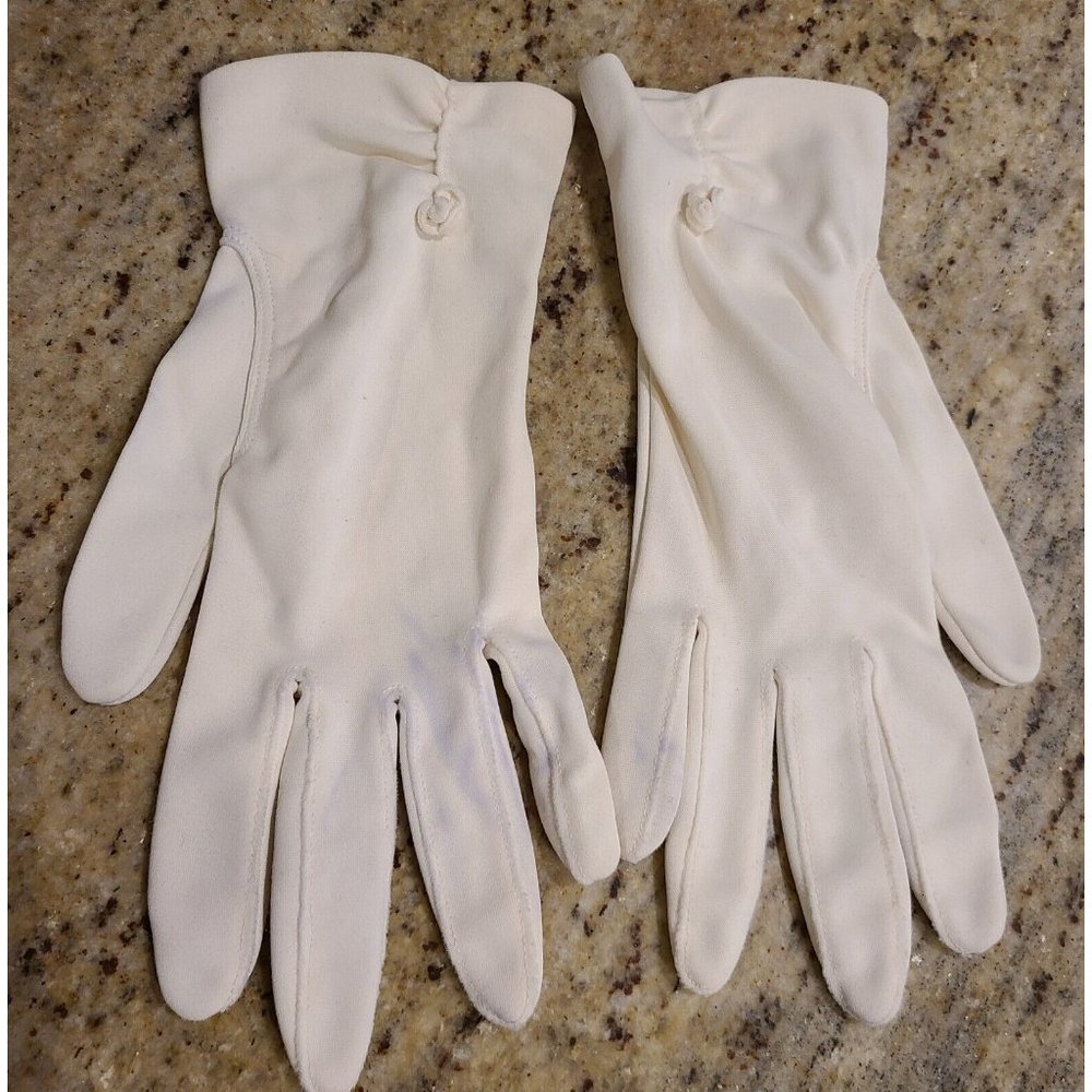 Vintage Size M Off White Stretch Nylon Formal 8.5" Gloves 3D Flower Ruched Accen